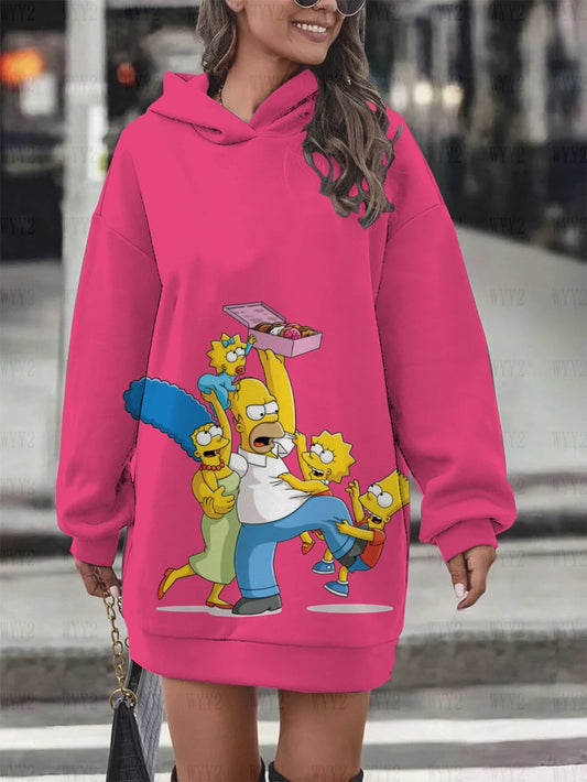 New Winter Hooded Sweatshirt Dress Disney The Simpsons Printed Pullover Sweatshirt Casual Fashion Street Style Women's Sweatshir